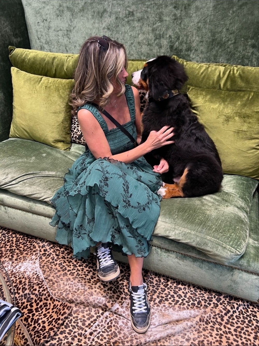 GANNI Green Tiered Smocked Georgette Maxi Dress with Black Floral Embroidery - Picture 2 of 2